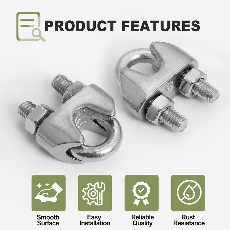 Jamiikury 4pcs M8 Wire Rope Clamp, 5/16 inch Cable Clamps Stainless Steel Wire Rope Clips - Image 2